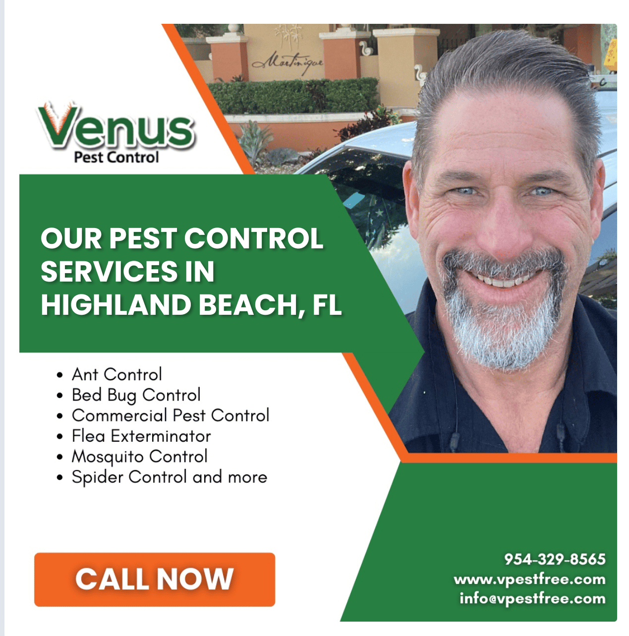 Advertisement for Venus Pest Control services in Highland Beach, FL.