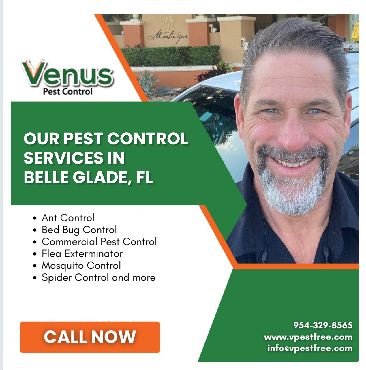 Advertisement for Venus Pest Control in Belle Glade, FL with a friendly technician.