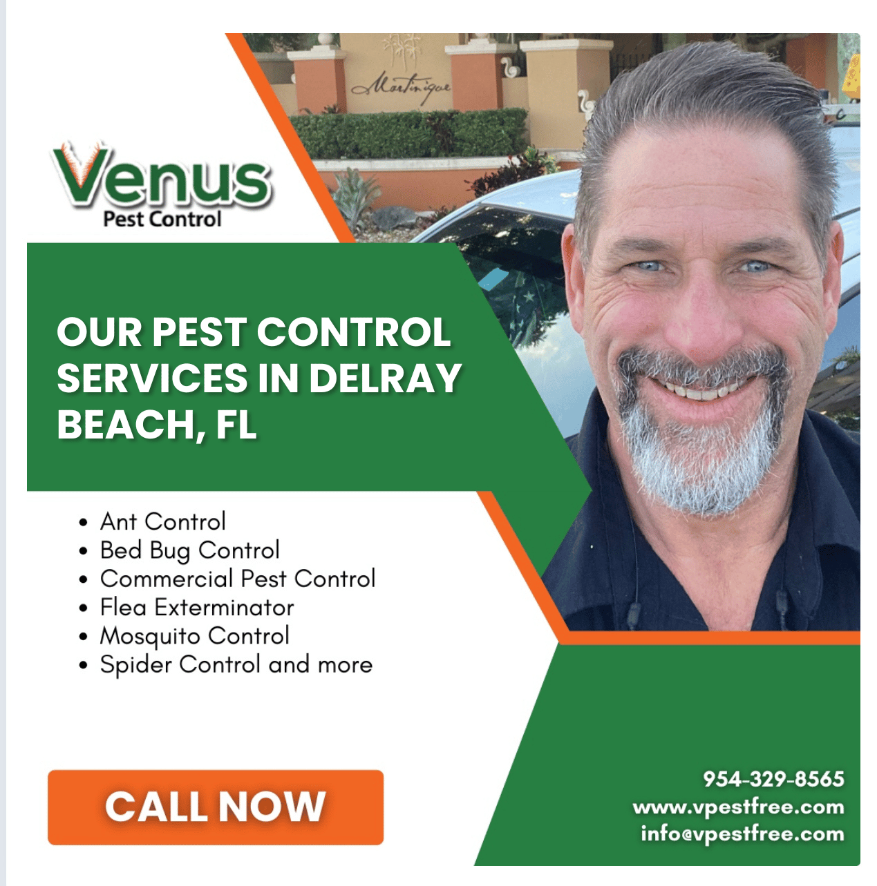 Advertisement for Venus Pest Control services in Delray Beach, FL with a smiling man and contact details.