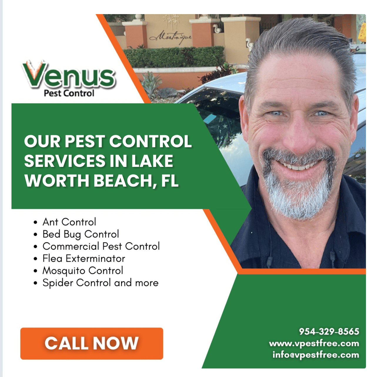 Advertisement for Venus Pest Control in Lake Worth Beach, FL with a friendly man and service details.