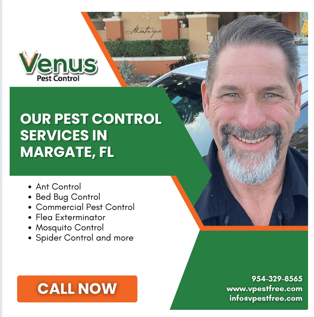 Advertisement for Venus Pest Control services in Margate, FL with a smiling man.