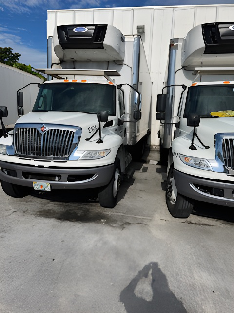Two white delivery trucks parked side by side in an outdoor lot.