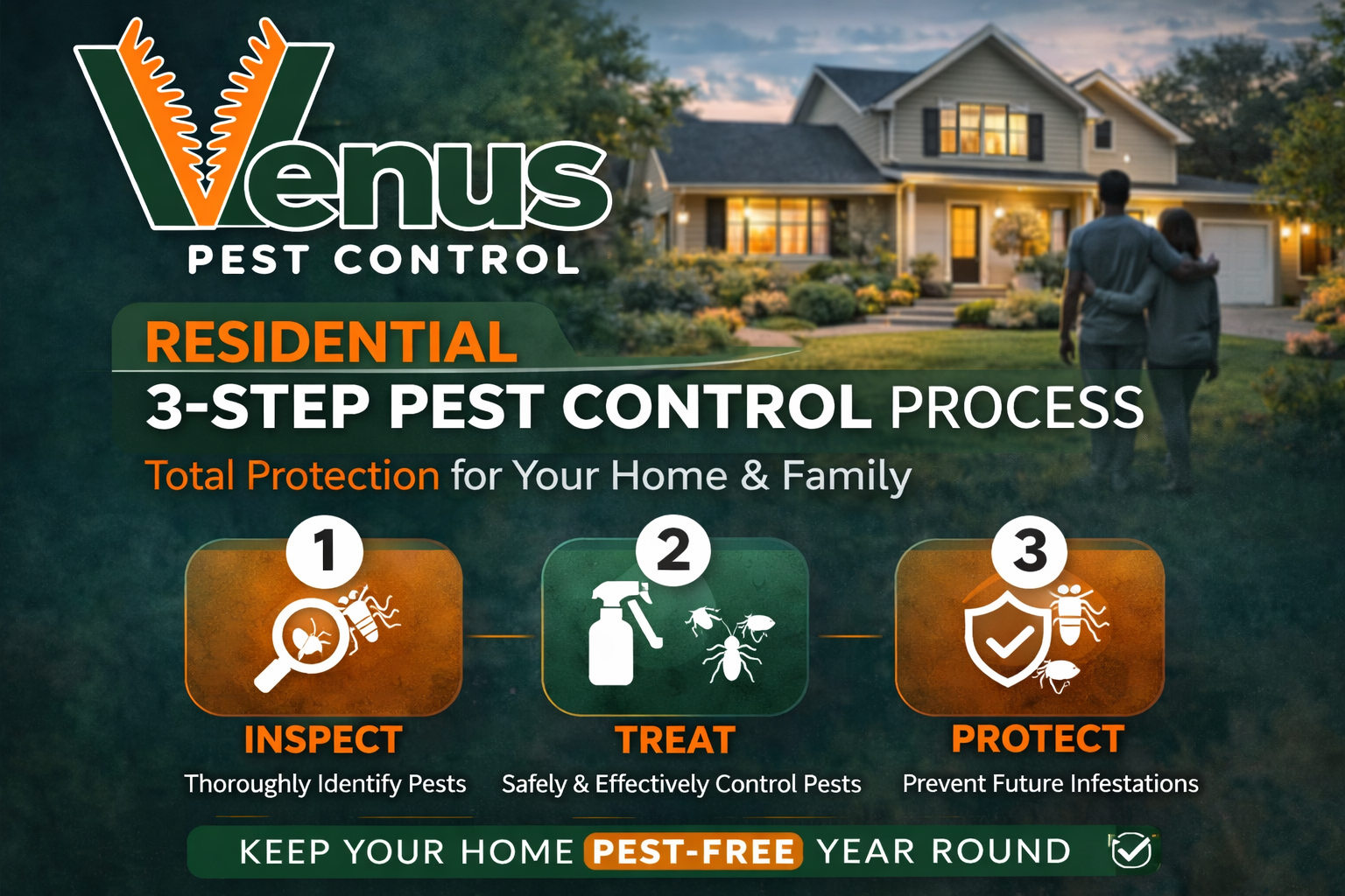 Step-by-step pest control process by Venus Pest Control for home protection.