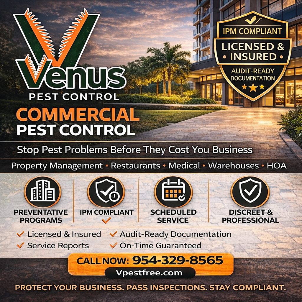 Commercial pest control services by Venus Pest Control, licensed and insured.