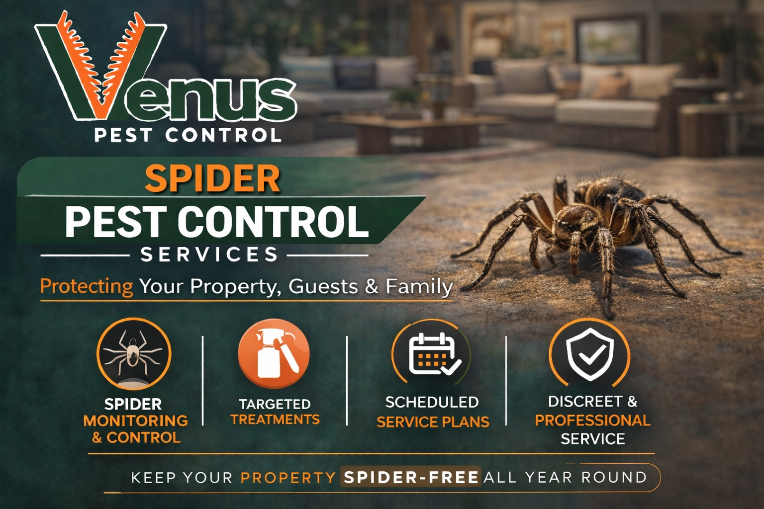 Venus Pest Control ad featuring a spider and service highlights.