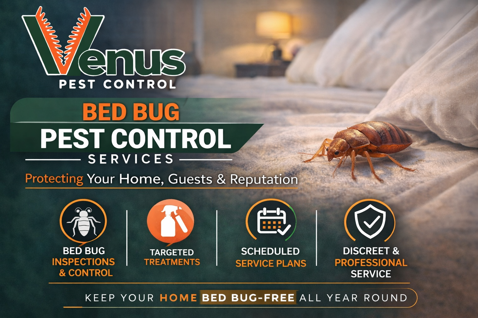 Venus Pest Control offers discreet, scheduled bed bug services for your home.