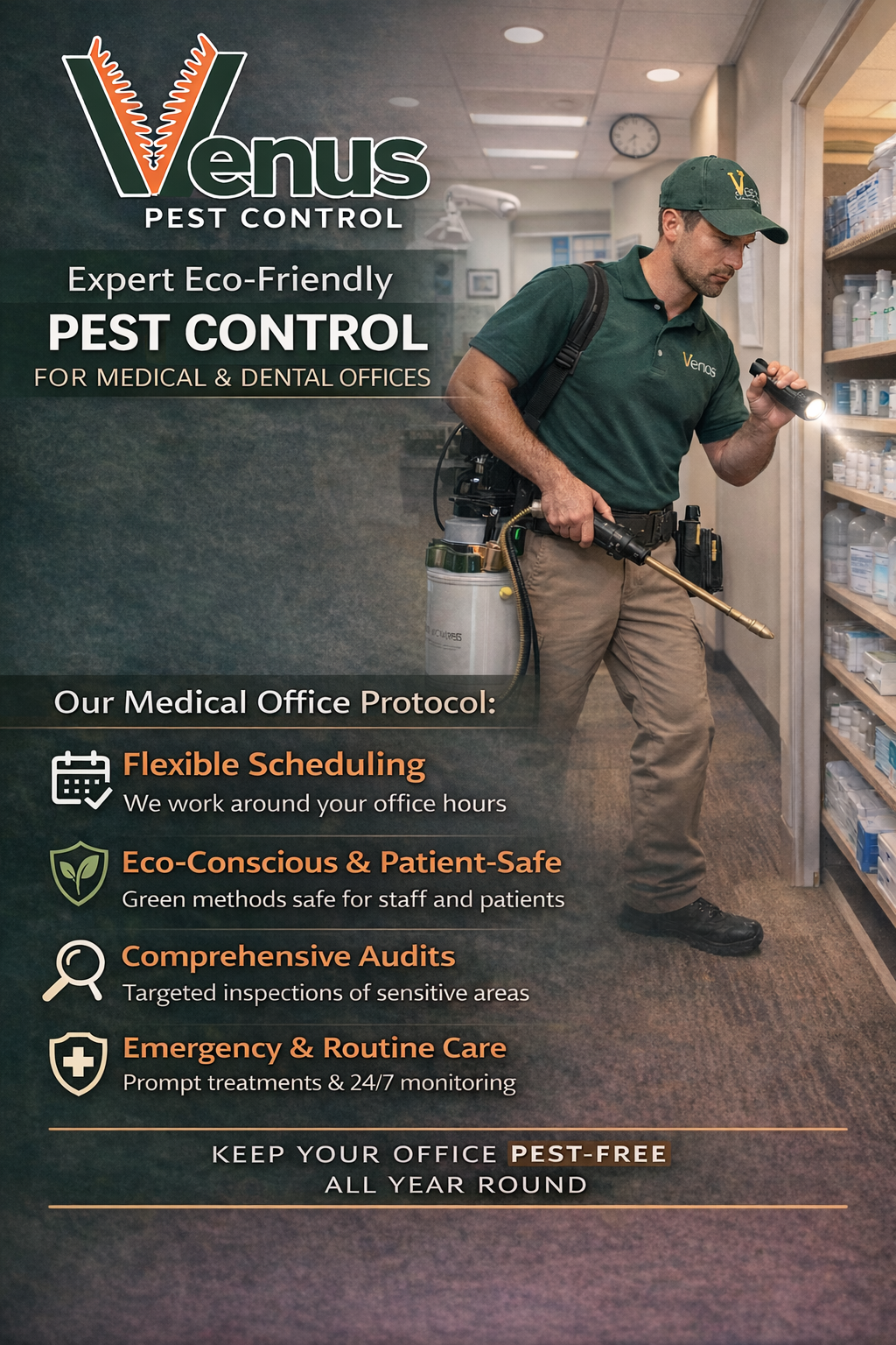 Eco-friendly pest control for medical and dental offices with flexible scheduling and safe methods.