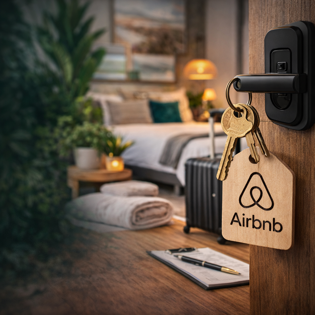 Keys with Airbnb tag hanging on a door handle in a cozy bedroom.