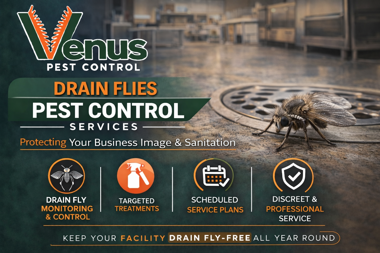 Drain flies near a sink promoting pest control services.