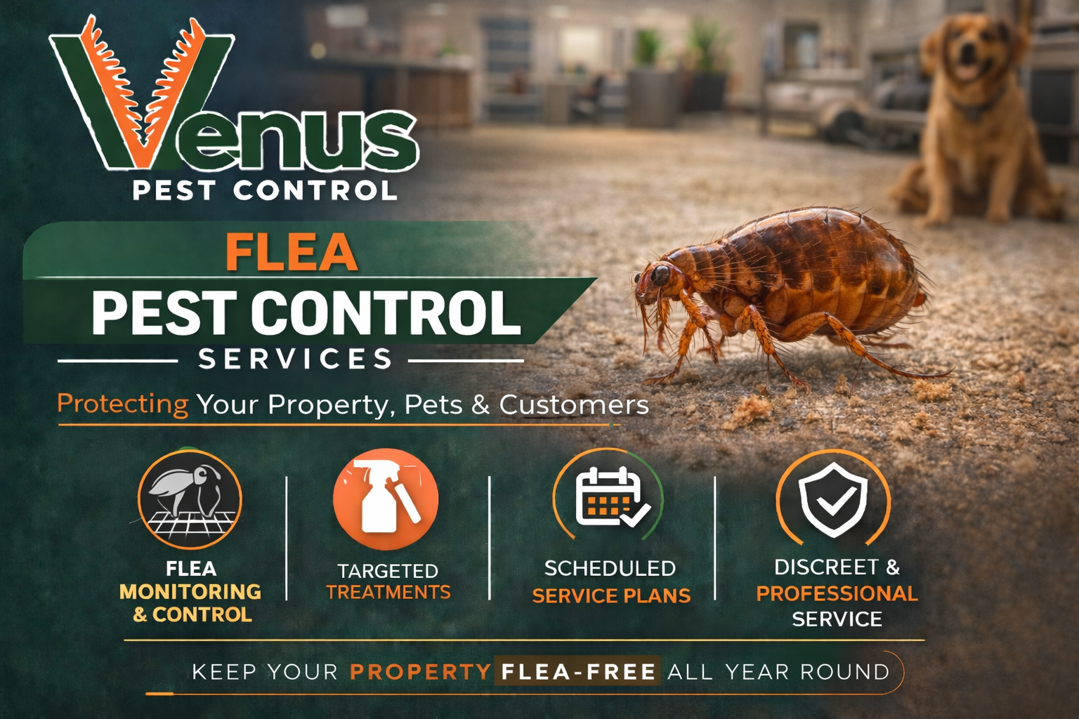 Venus Pest Control offers targeted flea control services for homes and businesses.