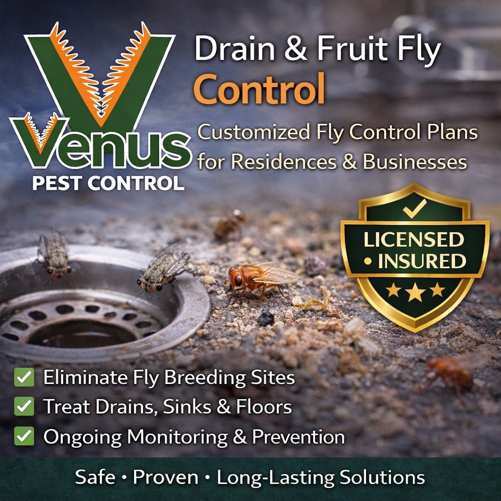 Advertisement for Venus Pest Control specializing in drain and fruit fly control.