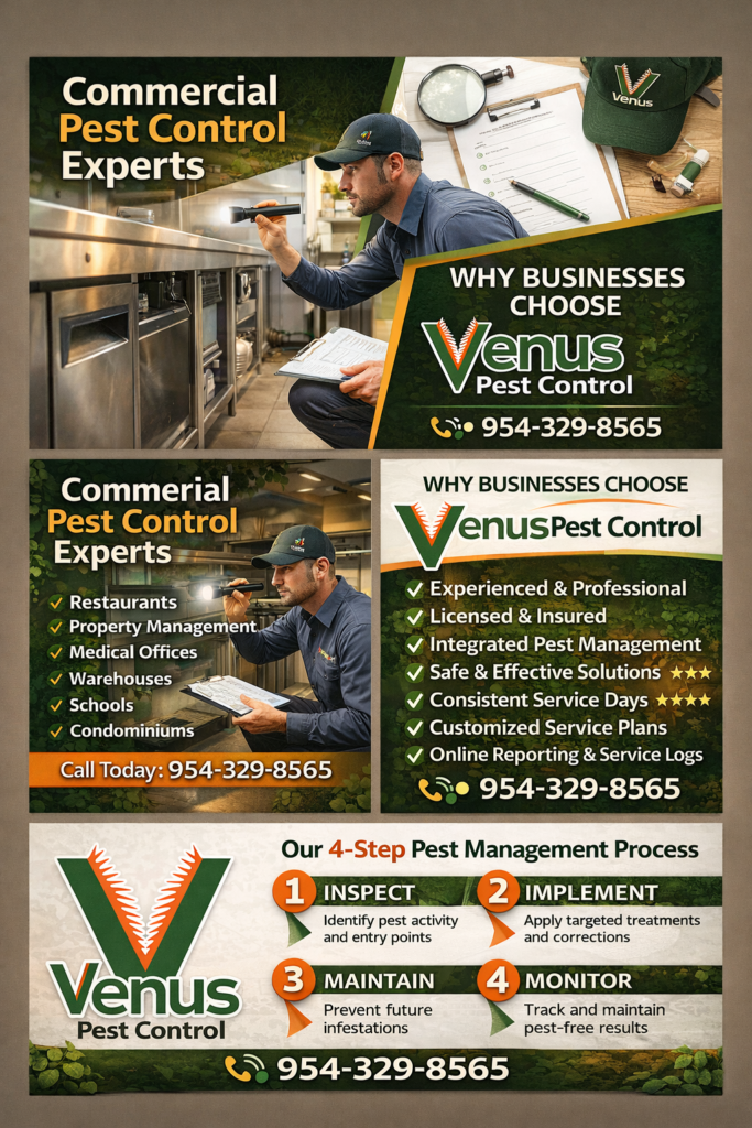 Advertisement for commercial pest control services by Venus Pest Control.