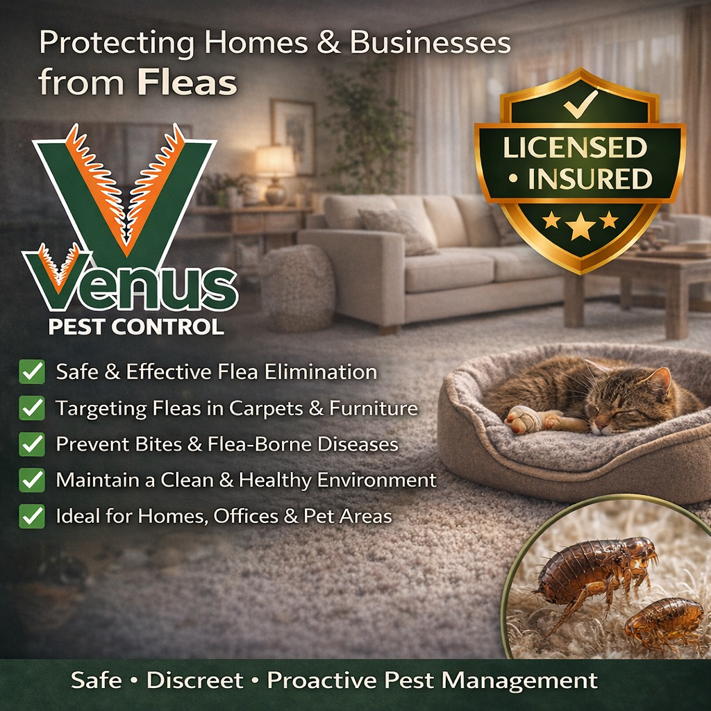 Venus Pest Control advertises flea protection for homes and businesses.