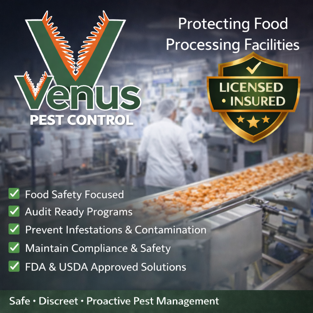 Venus Pest Control advertises licensed, insured food processing pest management.