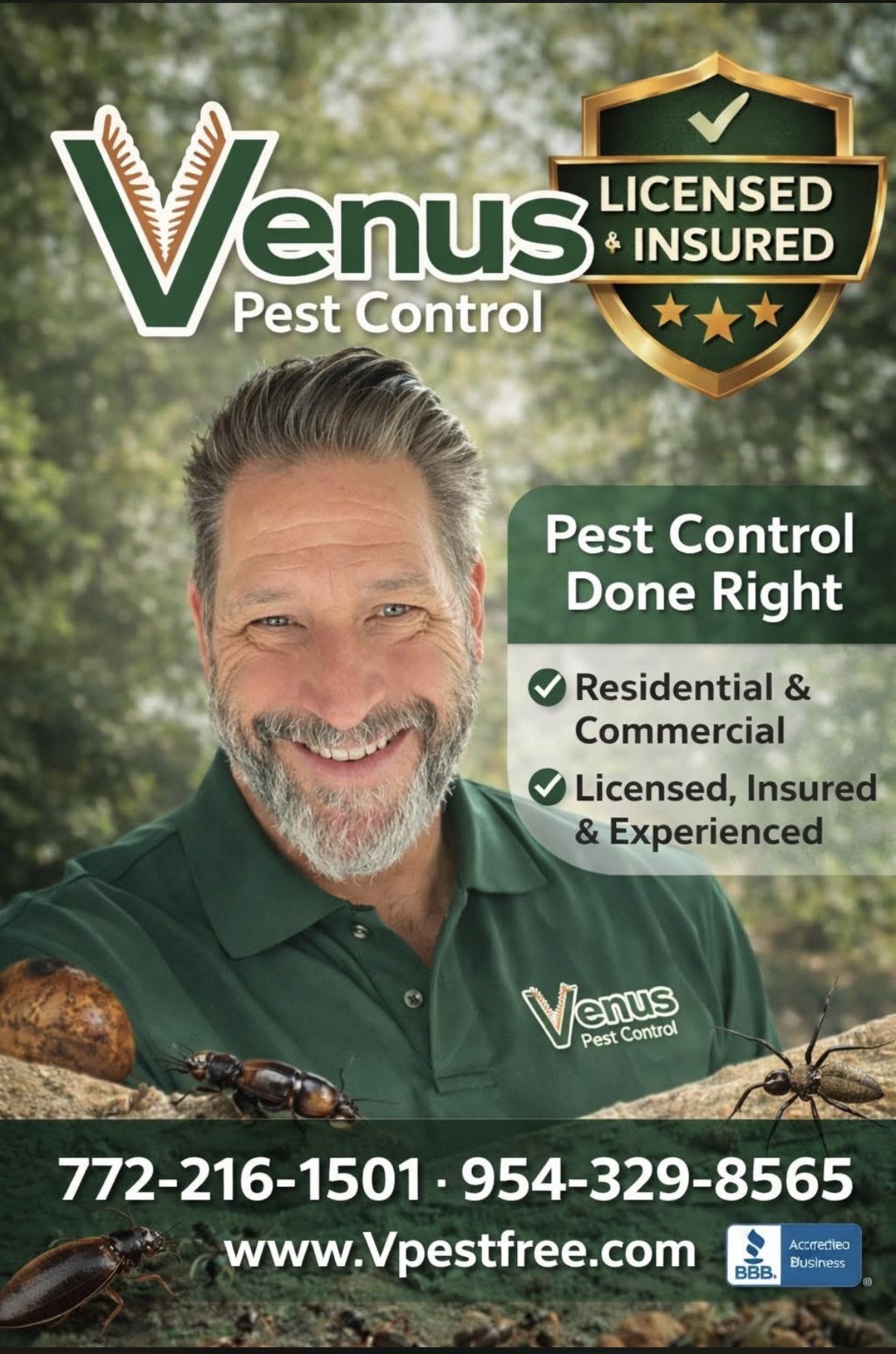 Smiling pest control professional promoting reliable services.
