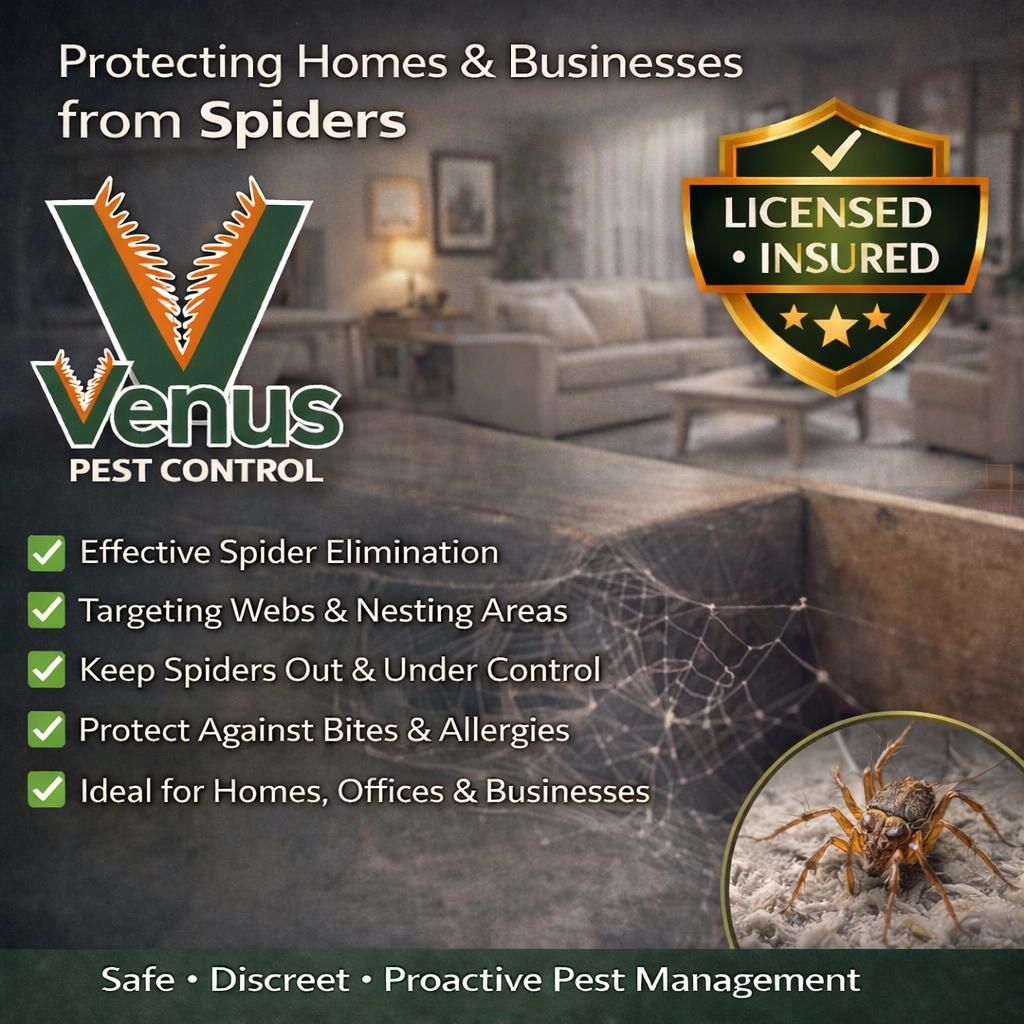 Venus Pest Control advertises spider protection for homes and businesses.