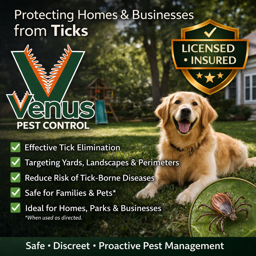 Venus Pest Control protects homes and businesses from ticks with safe, effective treatments.