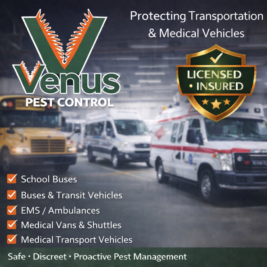 Venus Pest Control ad for vehicle protection and insurance.