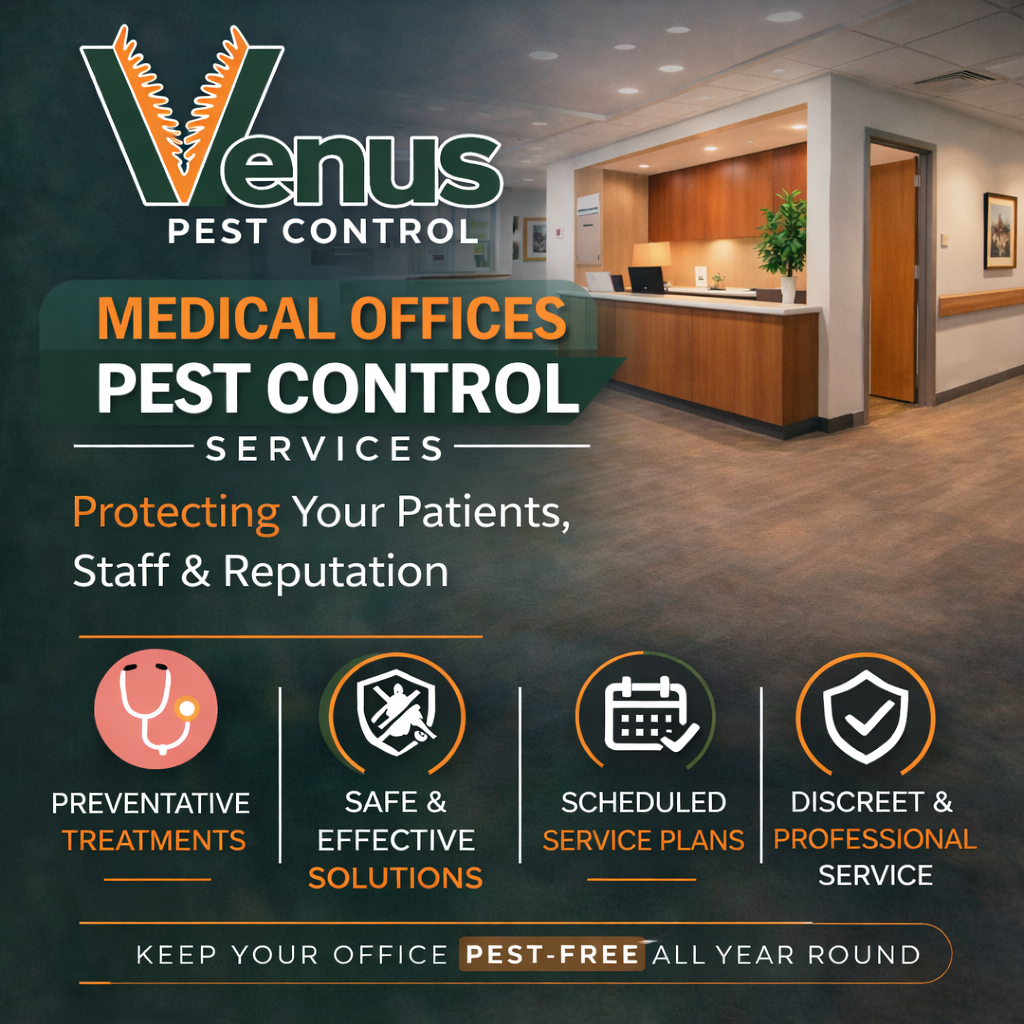 Modern medical office promoting pest control services for patient safety and reputation.